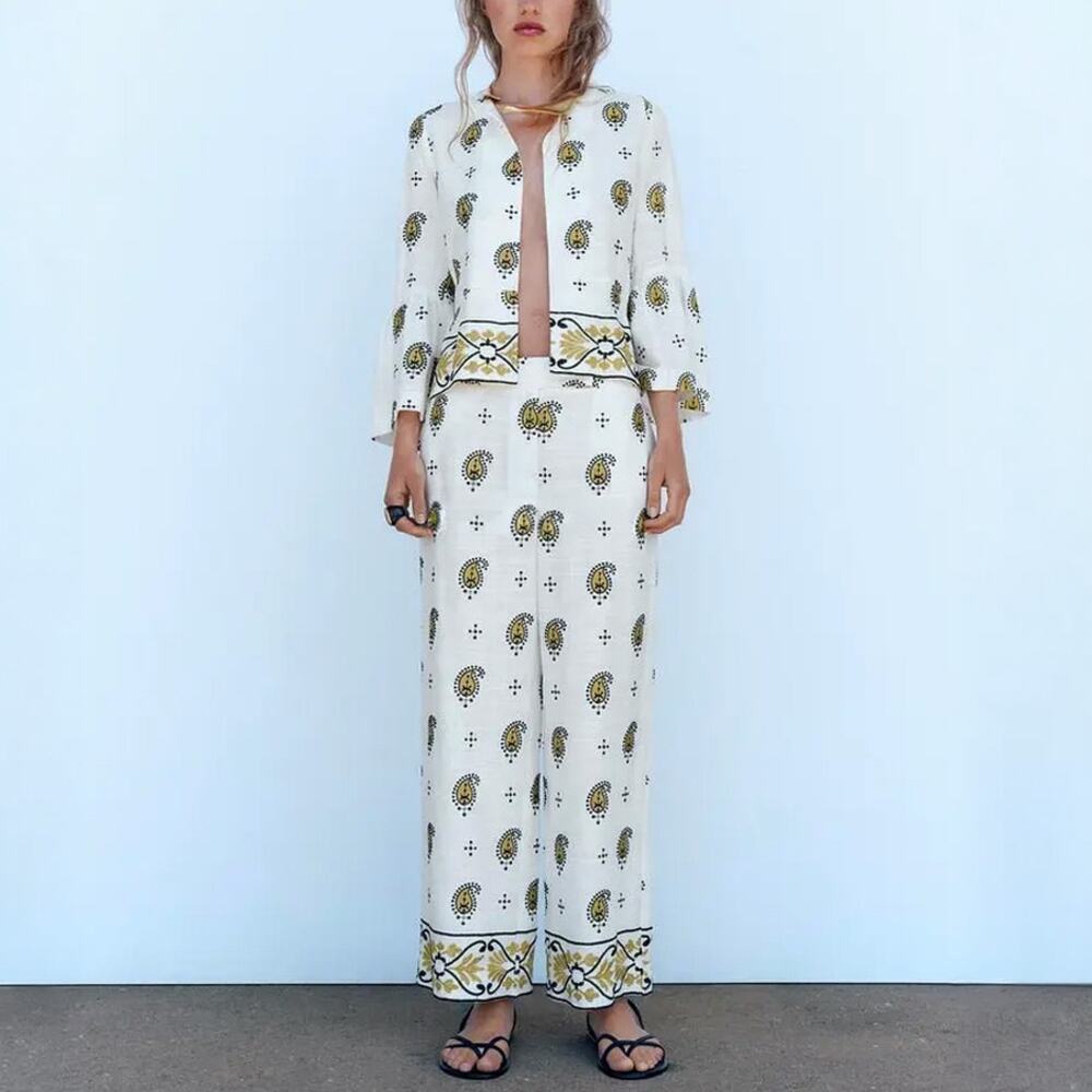 ZARA White Paisley Embroidered Linen Blend Matching Set